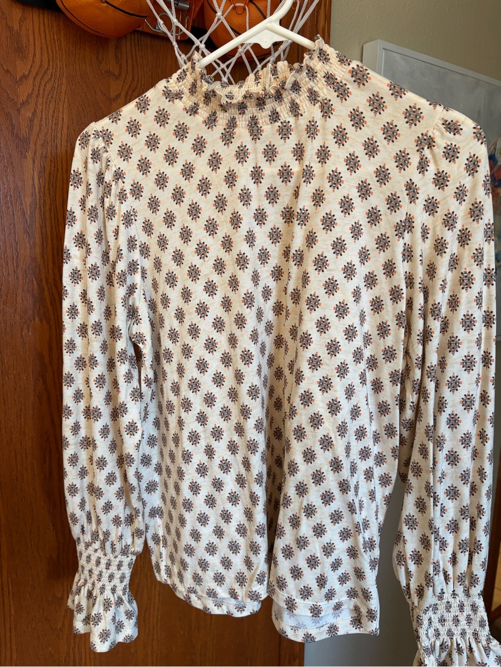 Democracy Cream Long-Sleeve Smocked Floral Medallion Top